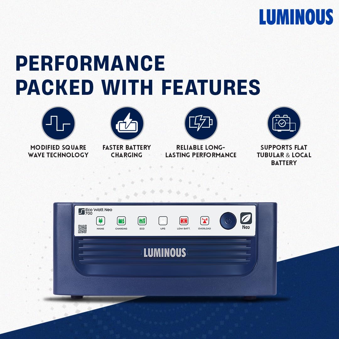 Luminous Inverter & Battery Combo (Eco Watt Neo 700 Square Wave 600VA/12V Inverter with Red Charge RC 15000ST Short Tubular 120Ah Battery) for Home, Office & Shops