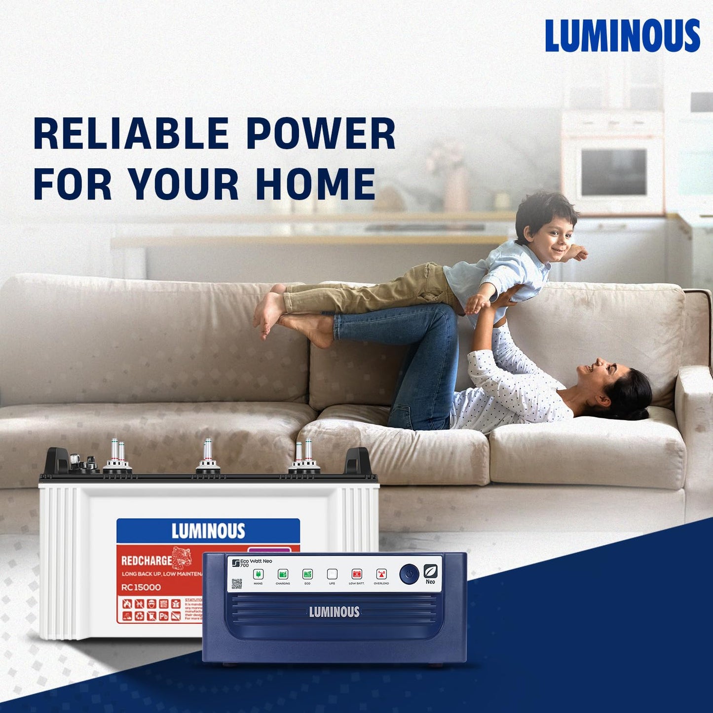 Luminous Inverter & Battery Combo (Eco Watt Neo 700 Square Wave 600VA/12V Inverter with Red Charge RC 15000ST Short Tubular 120Ah Battery) for Home, Office & Shops