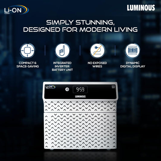 Luminous Li-On 1250 Pure Sine Wave Inverter for Home, Office & Shops | 1100/12.8V with Integrated Lithium-Ion Battery | 3X Fast Charging | LCD Display | Compact Design | 5+3 Years Warranty by Luminous