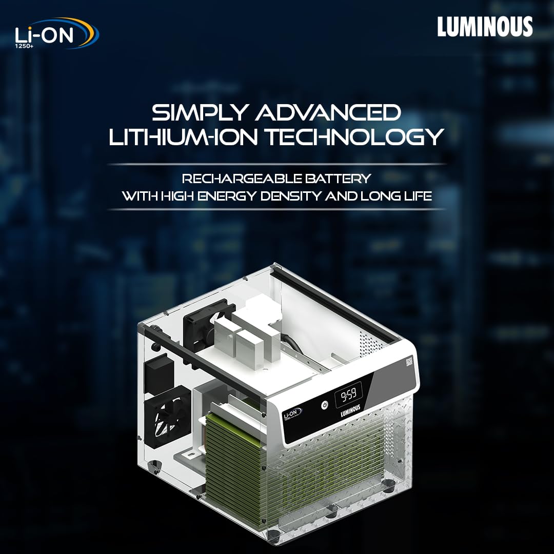 Luminous Li-On 1250 Pure Sine Wave Inverter for Home, Office & Shops | 1100/12.8V with Integrated Lithium-Ion Battery | 3X Fast Charging | LCD Display | Compact Design | 5+3 Years Warranty by Luminous
