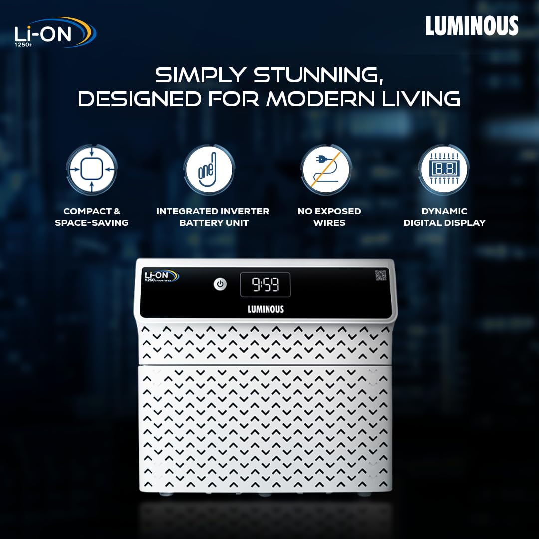 Luminous Li-On 1250 Pure Sine Wave Inverter for Home, Office & Shops | 1100/12.8V with Integrated Lithium-Ion Battery | 3X Fast Charging | LCD Display | Compact Design | 5+3 Years Warranty by Luminous