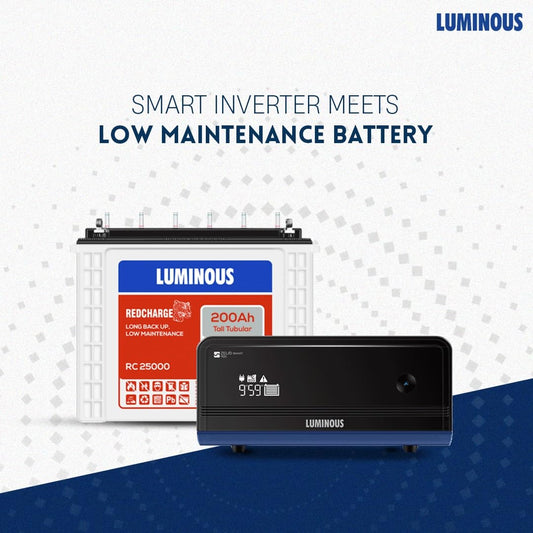 Luminous Inverter & Battery Combo for Home, Shop & Office – Zelio+ 1100 (900VA/12V) Pure Sine Wave Inverter + RC25000 200Ah Tall Tubular Battery | 36M Warranty on Inverter & Battery