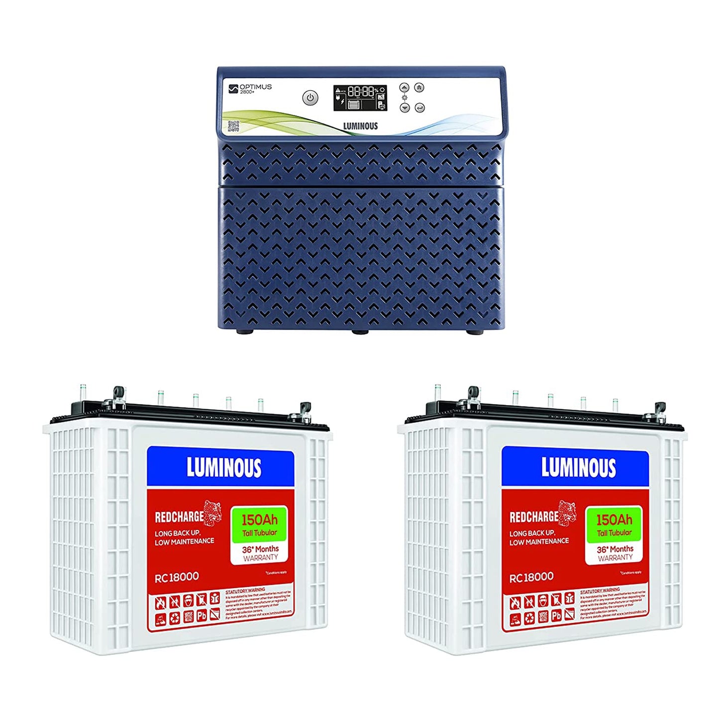 Luminous Inverter & Battery Combo for Home, Shop & Office – Optimus 2800 Pure Sine Wave 2500VA Inverter + 2X RC18000 150Ah Tall Tubular Batteries | 36M Warranty on Inverter & Battery