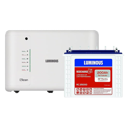 Luminous Inverter & Battery Combo for Home, Shop & Office – iCon 1100 (900VA/12V) Pure Sine Wave Inverter + RC25000 200Ah Tall Tubular Battery | 36M Warranty on Inverter & Battery