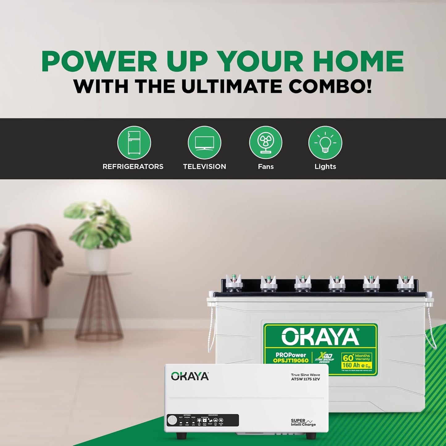 Okaya Inverter with Battery Combo for Home,Office & Shops|ATSW1175 12V Pure Sine Wave Inverter 925VA with OPSJT19060 160Ah Inverter Battery |Warranty: 36 Months(Inverter) & 60 Month(Battery)