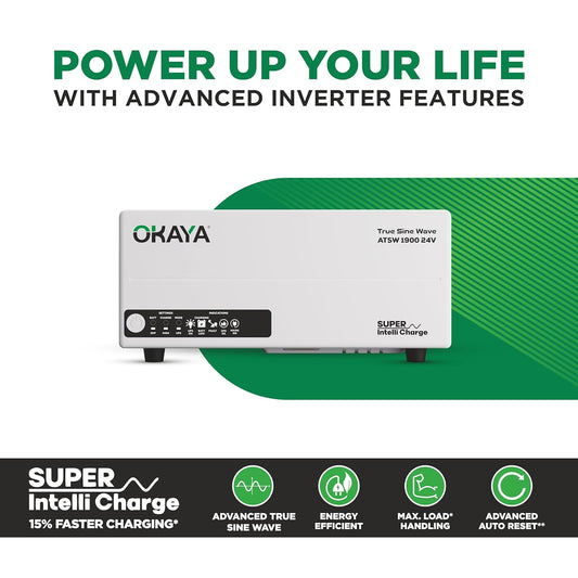 Okaya Inverter with Two Battery Combo for Home,Office & Shops|ATSW 1900 24V Pure Sine Wave Inverter 1650VA with OPSJT17048 140Ah Inverter Battery |Warranty: 36 Months(Inverter) & 48 Month(Battery)