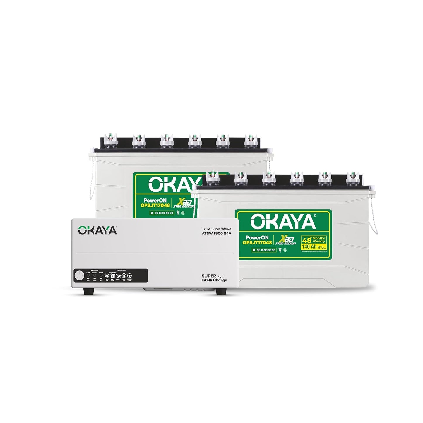 Okaya Inverter with Two Battery Combo for Home,Office & Shops|ATSW 1900 24V Pure Sine Wave Inverter 1650VA with OPSJT17048 140Ah Inverter Battery |Warranty: 36 Months(Inverter) & 48 Month(Battery)