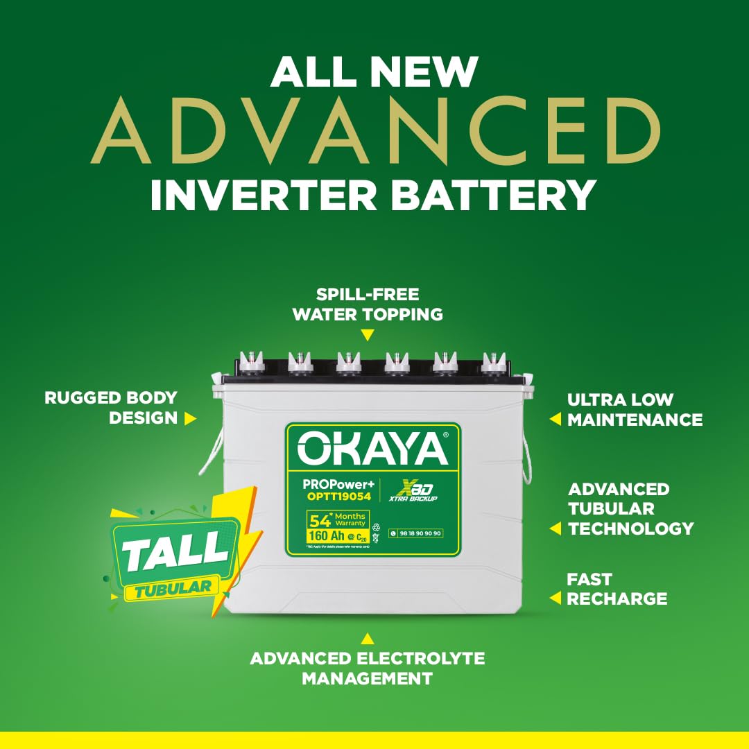 OKAYA PRO Power OPTT19054 160Ah Tall Tubular Inverter Battery for Home, Office & Shops with Certified Extra Backup | Spillage Free & Low Maintenance Design | 54 Months Warranty