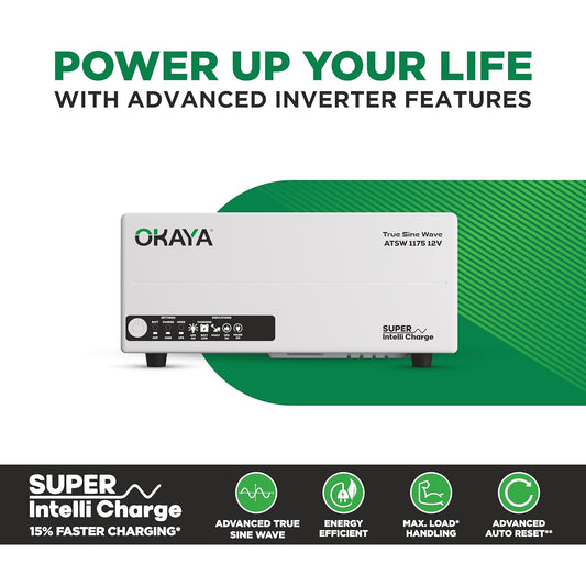 Okaya Inverter with Battery Combo for Home,Office & Shops|ATSW 1175 12V Pure Sine Wave Inverter 925VA with OPTT24060 210Ah Inverter Battery |Warranty: 36 Months(Inverter) & 60 Month(Battery)