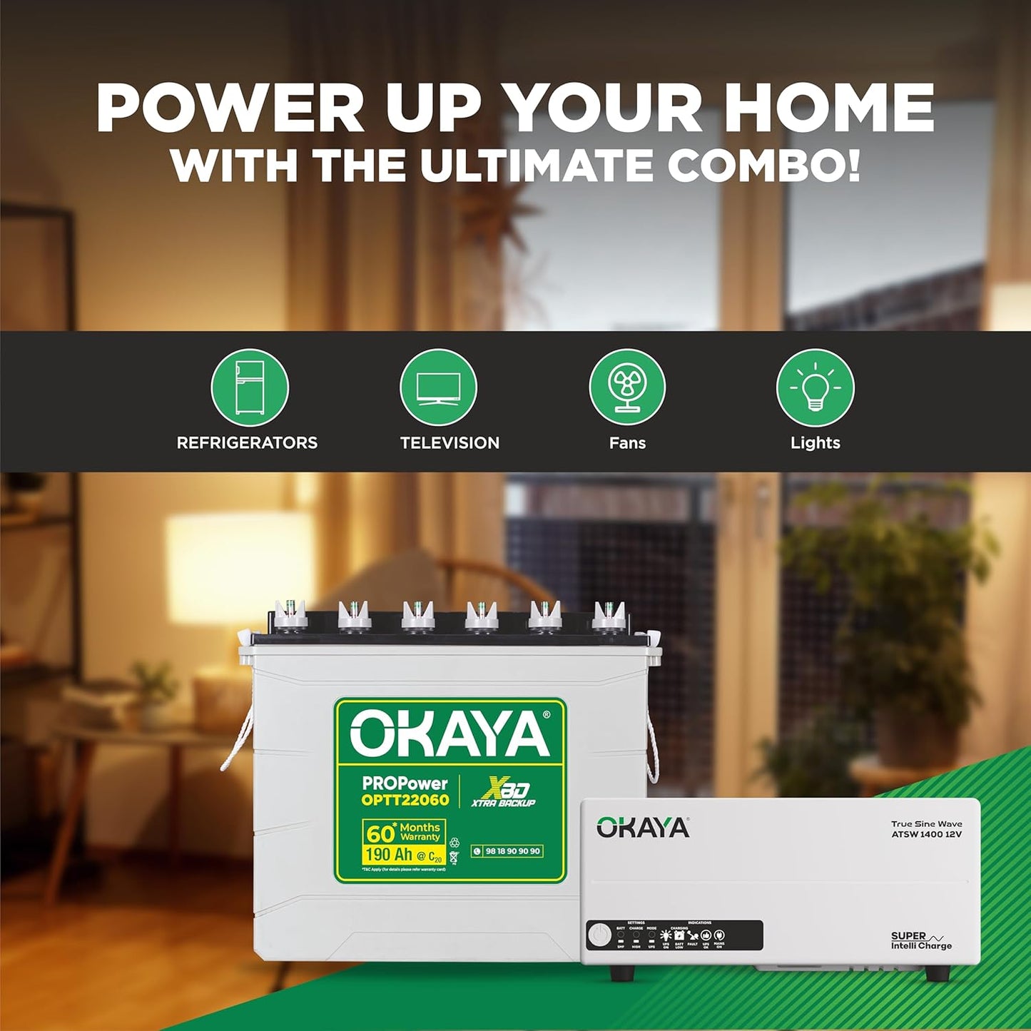 Okaya Inverter with Battery Combo for Home,Office & Shops|ATSW 1400 12V Pure Sine Wave Inverter 1150VA with OPTT22060 190Ah Inverter Battery |Warranty: 36 Months(Inverter) & 60 Month(Battery)