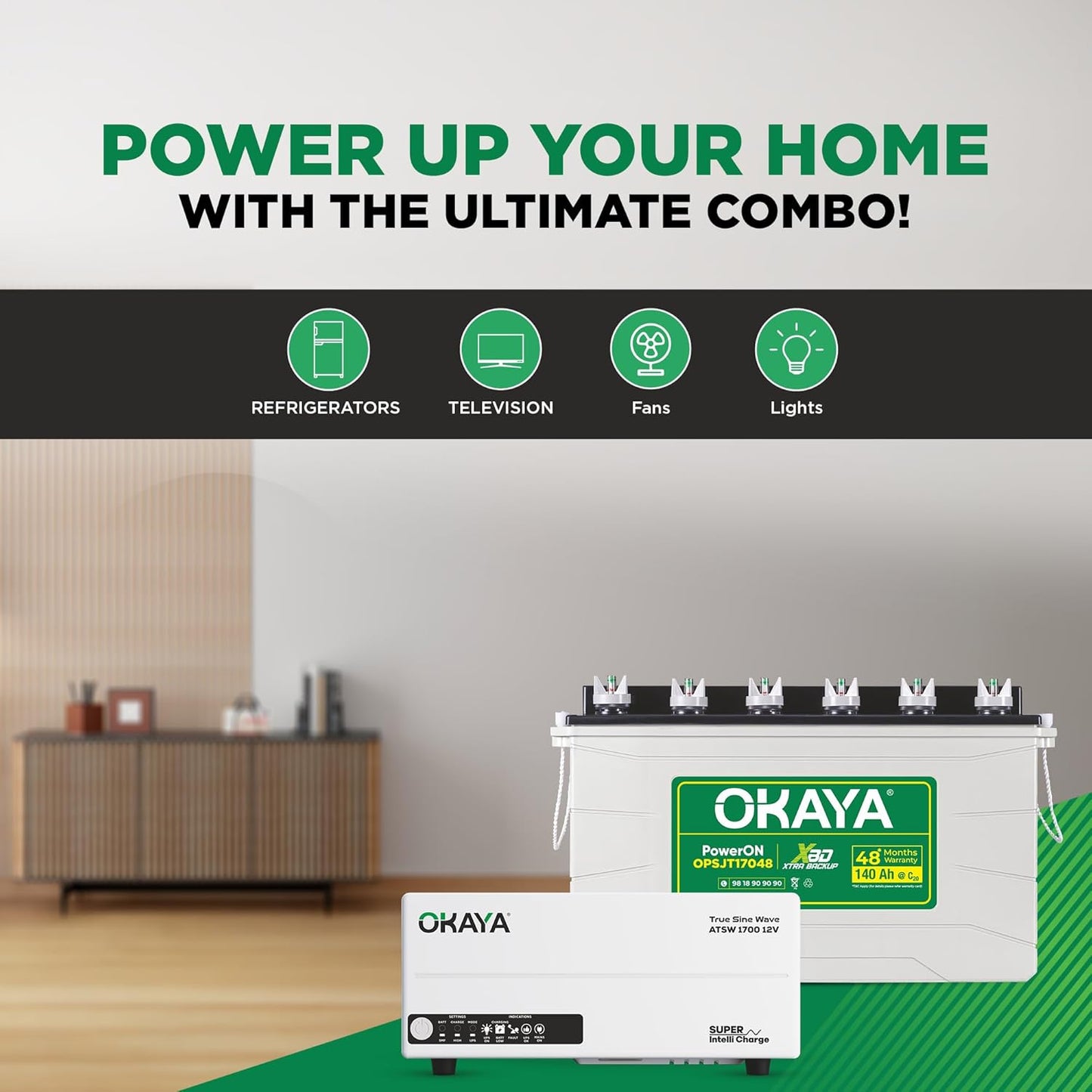 Okaya Inverter with Battery Combo for Home,Office & Shops|ATSW1700 12V Pure Sine Wave Inverter 1450VA with OPSJT17048 140Ah Inverter Battery |Warranty: 36 Months(Inverter) & 48 Month(Battery)