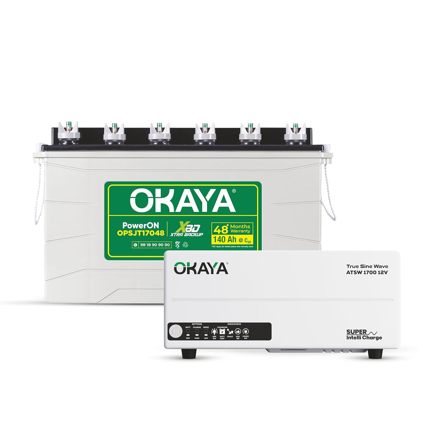 Okaya Inverter with Battery Combo for Home,Office & Shops|ATSW1700 12V Pure Sine Wave Inverter 1450VA with OPSJT17048 140Ah Inverter Battery |Warranty: 36 Months(Inverter) & 48 Month(Battery)