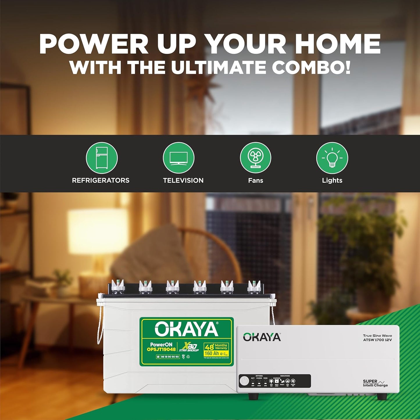 Okaya Inverter with Battery Combo for Home,Office & Shops|ATSW 1700 12V Pure Sine Wave Inverter 1450VA with OPSJT19048 160Ah Inverter Battery |Warranty: 36 Months(Inverter) & 48 Month(Battery)