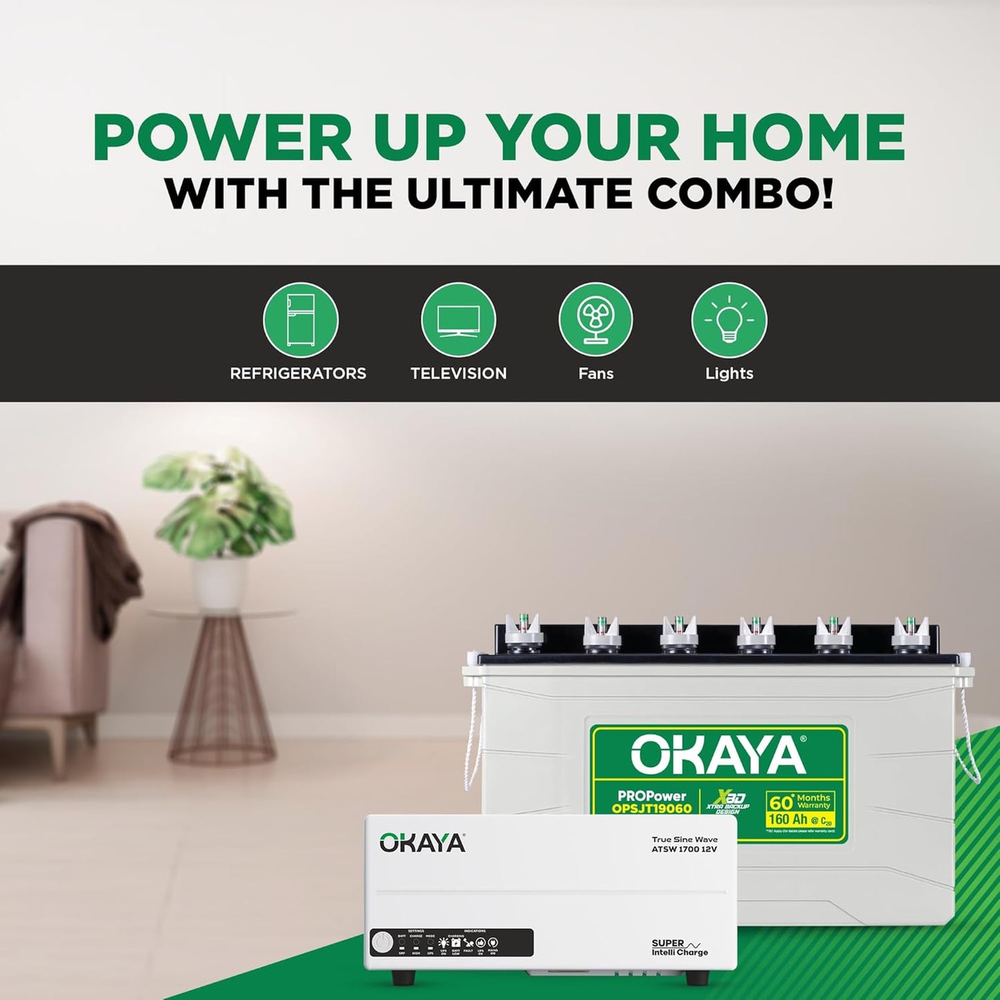 Okaya Inverter with Battery Combo for Home,Office & Shops|ATSW1700 12V True Sine Wave Inverter 1450VA with OPSJT19060 160Ah Inverter Battery |Warranty: 36 Months(Inverter) & 60 Month(Battery)