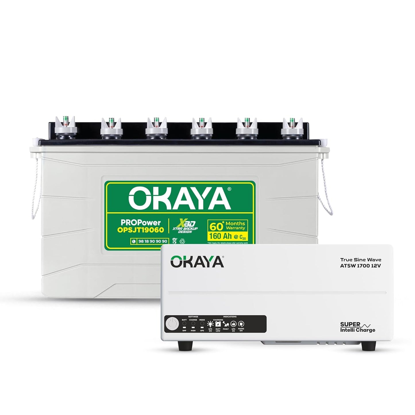 Okaya Inverter with Battery Combo for Home,Office & Shops|ATSW1700 12V True Sine Wave Inverter 1450VA with OPSJT19060 160Ah Inverter Battery |Warranty: 36 Months(Inverter) & 60 Month(Battery)