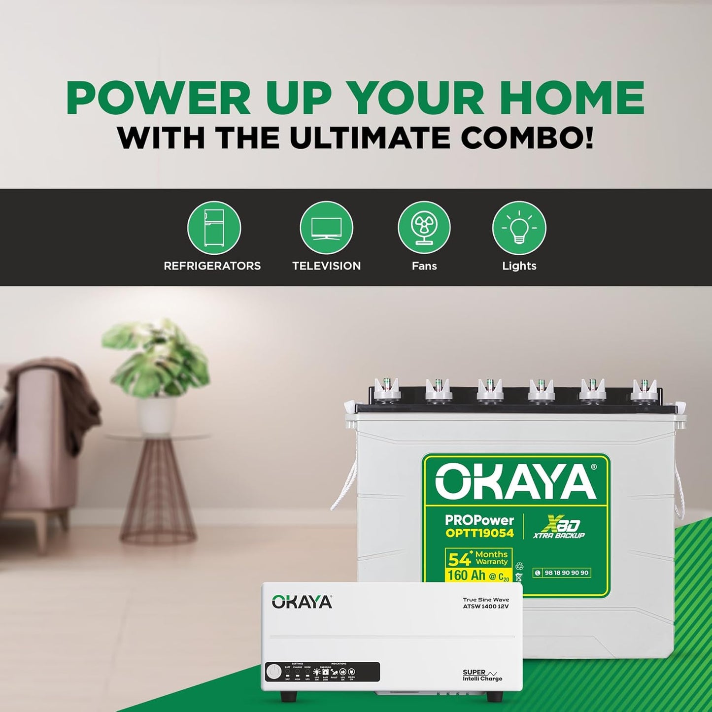 Okaya Inverter with Battery Combo for Home,Office & Shops | ATSW1400 12V True Sine Wave Inverter 1150VA with OPTT19054 160Ah Inverter Battery |Warranty: 36 Months(Inverter) & 54 Month(Battery)