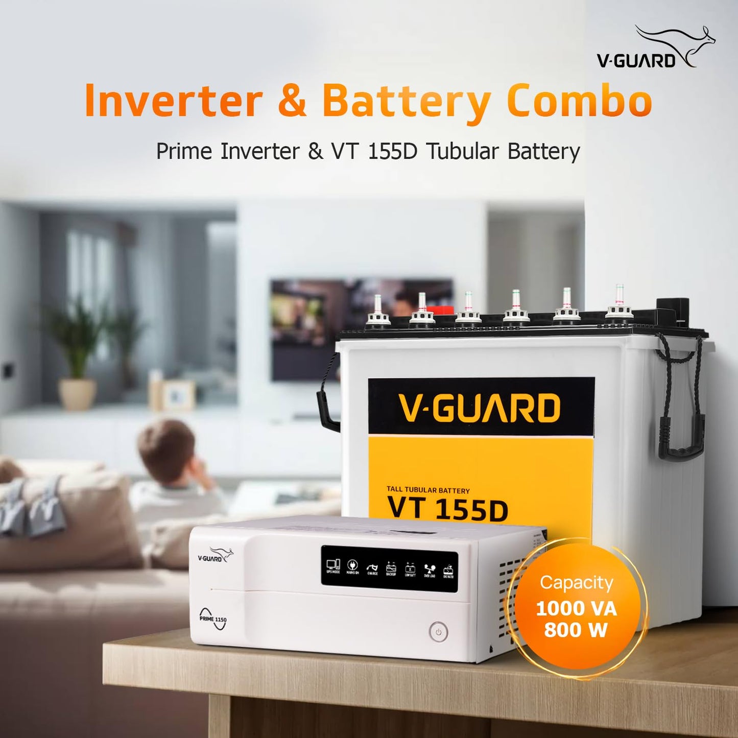 V-Guard Inverter & Battery Combo (1150 Pure Sine Wave 1000VA/12V Inverter, VT 155D 150Ah Tall Tubular Battery) for Home, Office & Shops