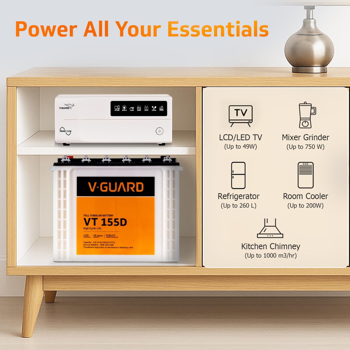 V-Guard Inverter & Battery Combo (1150 Pure Sine Wave 1000VA/12V Inverter, VT 155D 150Ah Tall Tubular Battery) for Home, Office & Shops