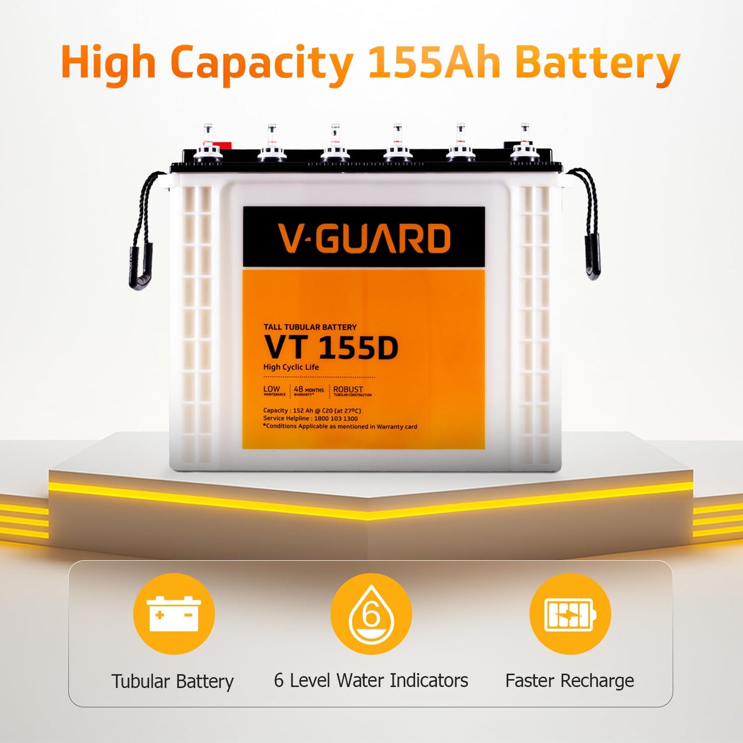 V-Guard Inverter & Battery Combo (1150 Pure Sine Wave 1000VA/12V Inverter, VT 155D 150Ah Tall Tubular Battery) for Home, Office & Shops