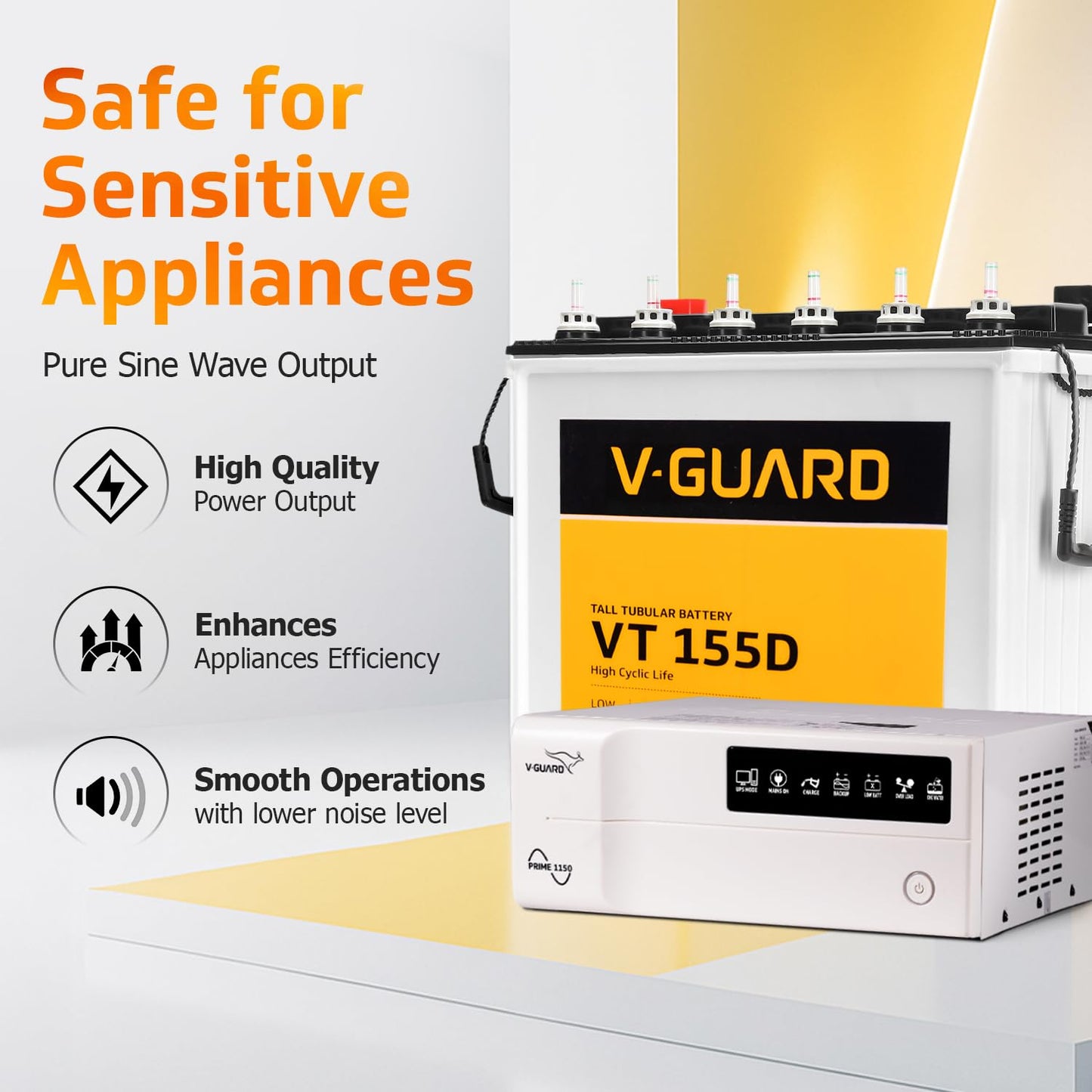 V-Guard Inverter & Battery Combo (1150 Pure Sine Wave 1000VA/12V Inverter, VT 155D 150Ah Tall Tubular Battery) for Home, Office & Shops