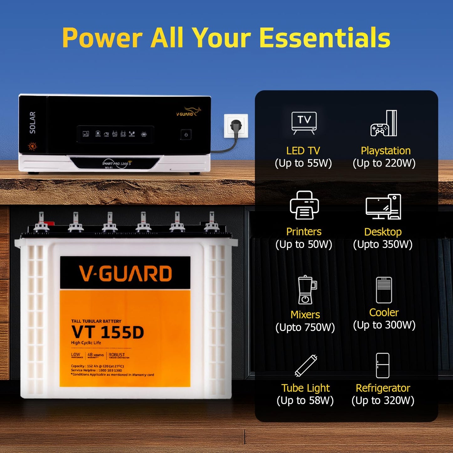 V-Guard Solar Inverter & Battery Combo (1200 s IoT Sine Solar Inverter with Tall Tubular 150Ah Battery) for Home, Office & Shops