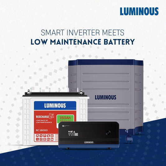 Luminous Inverter & Battery Combo with Trolley for Home, Shop & Office – Zelio+ 1100 (900VA/12V) Pure Sine Wave Inverter + RC18000 150Ah Tall Tubular Battery | 36M Warranty on Inverter & Battery