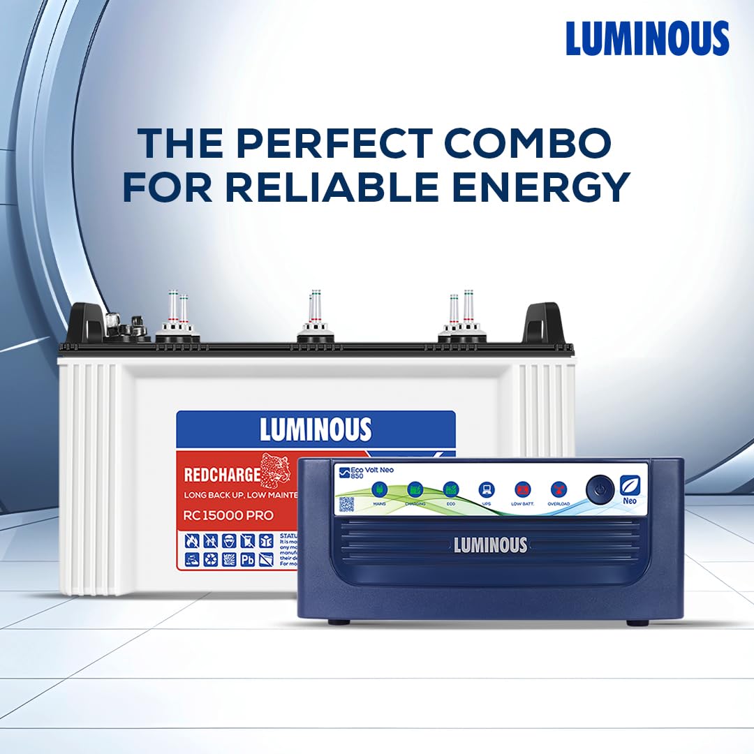 Luminous Eco Volt Neo 850 Pure Sine Wave 700VA/12V Inverter with Red Charge RC 15000PRO 120Ah Battery Combo | Ideal for Home, Office & Shops | 36M Inverter & 48M Battery Warranty