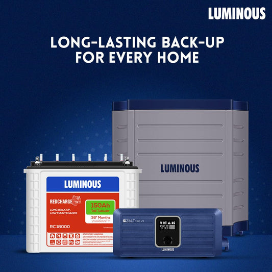 Luminous Inverter & Battery Combo with Trolley for Home, Shop & Office – Zolt 1100 (900VA/12V) Pure Sine Wave Inverter + RC18000 150Ah Tall Tubular Battery | 36M Warranty on Inverter & Battery