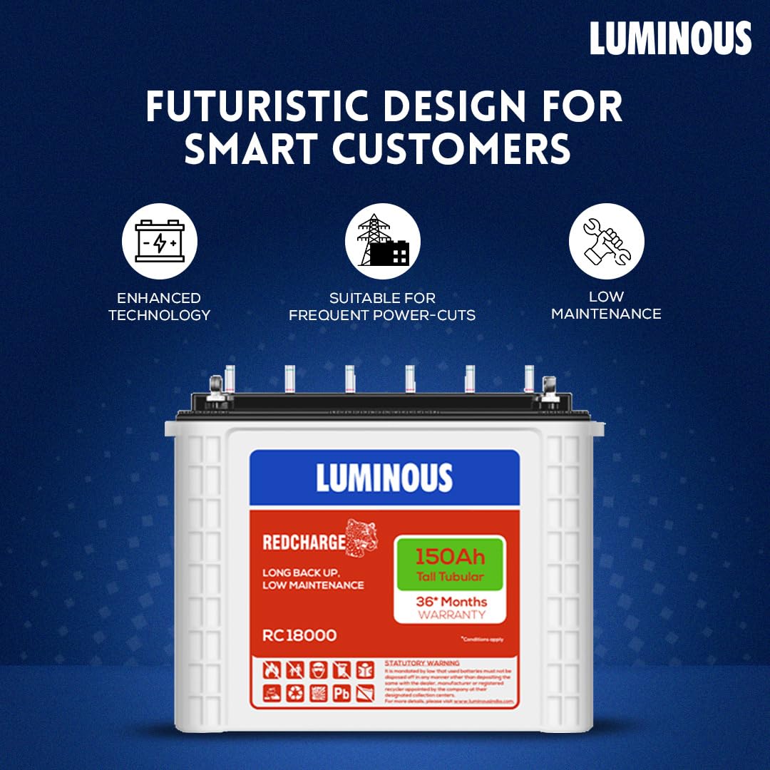 Luminous Inverter & Battery Combo with Trolley for Home, Shop & Office – Zolt 1100 (900VA/12V) Pure Sine Wave Inverter + RC18000 150Ah Tall Tubular Battery | 36M Warranty on Inverter & Battery