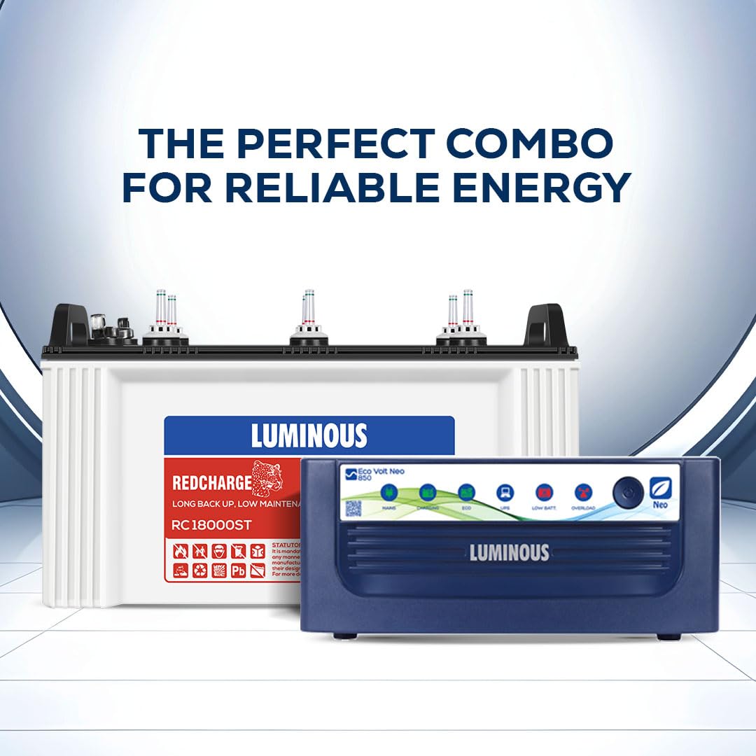 Luminous Inverter & Battery Combo (Eco Volt Neo 850 Pure Sine Wave 700VA/12V Inverter with Red Charge RC18000 ST Short Tubular 150Ah Battery) for Home, Office & Shops
