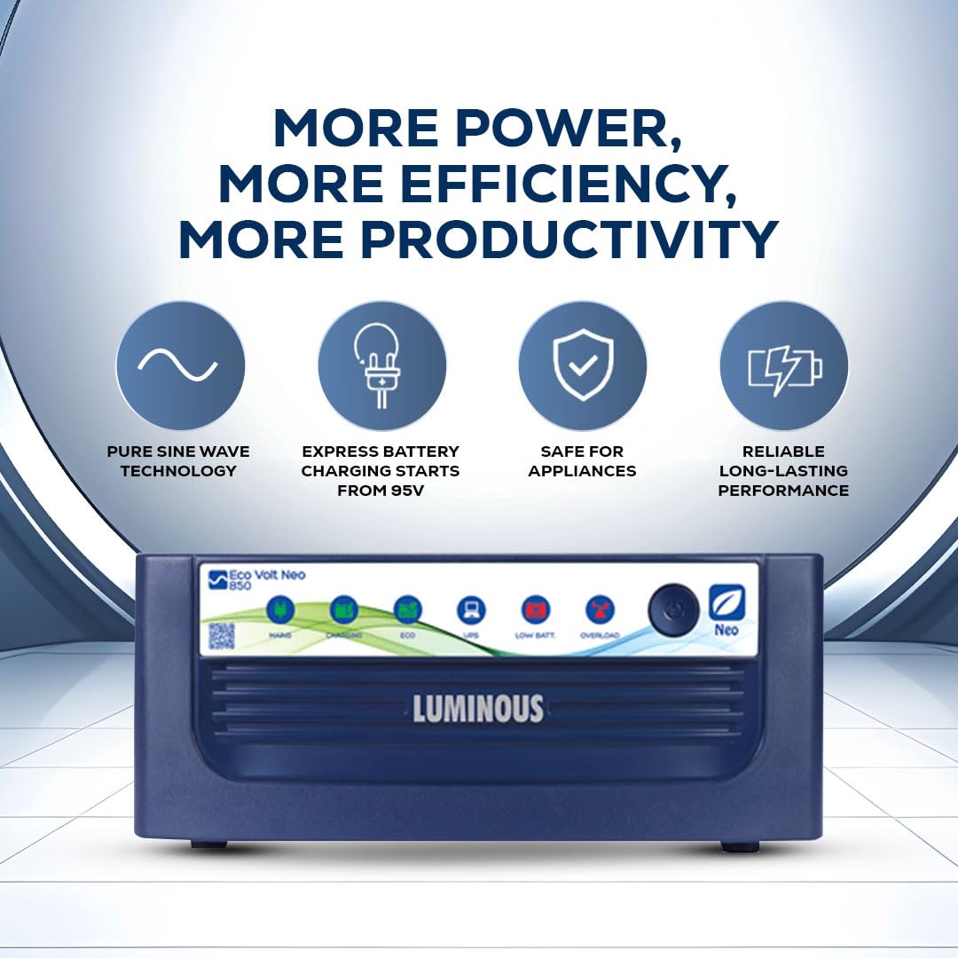 Luminous Inverter & Battery Combo (Eco Volt Neo 850 Pure Sine Wave 700VA/12V Inverter with Red Charge RC18000 ST Short Tubular 150Ah Battery) for Home, Office & Shops