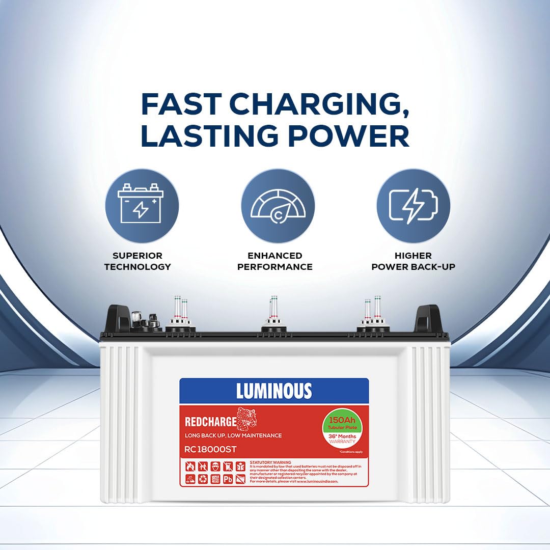 Luminous Inverter & Battery Combo (Eco Volt Neo 850 Pure Sine Wave 700VA/12V Inverter with Red Charge RC18000 ST Short Tubular 150Ah Battery) for Home, Office & Shops