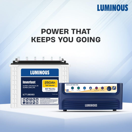 Luminous Hercules 1500 Pure Sine Wave 1400VA/12V Inverter + ILTT28060 250Ah Tall Tubular Battery Combo for Home, Office & Shops