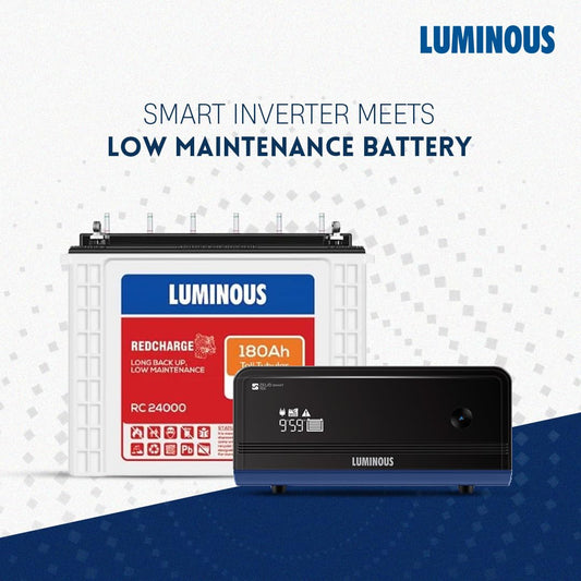 Luminous Inverter & Battery Combo for Home, Shop & Office – Zelio+ 1100 (900VA/12V) Pure Sine Wave Inverter + RC24000 180Ah Tall Tubular Battery | 36M Warranty on Inverter & Battery