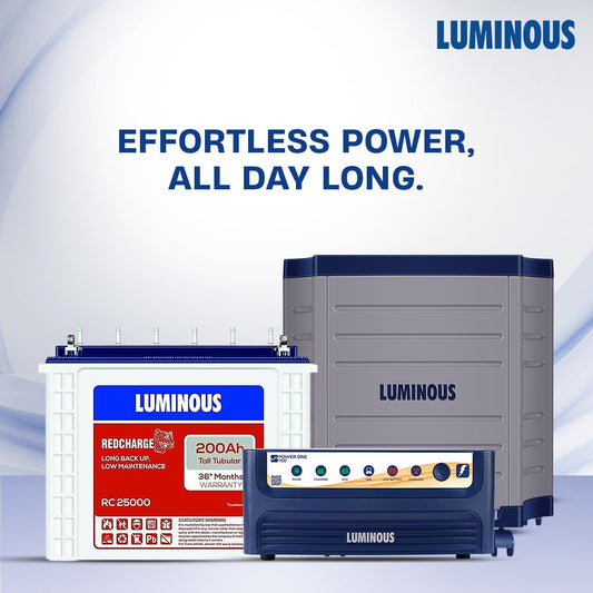 Luminous Inverter & Battery Combo with Trolley for Home, Shop & Office – Power sine 1100 (900VA/12V) Pure Sine Wave Inverter + RC25000 200Ah Tall Tubular Battery | 36M Warranty on Inverter & Battery
