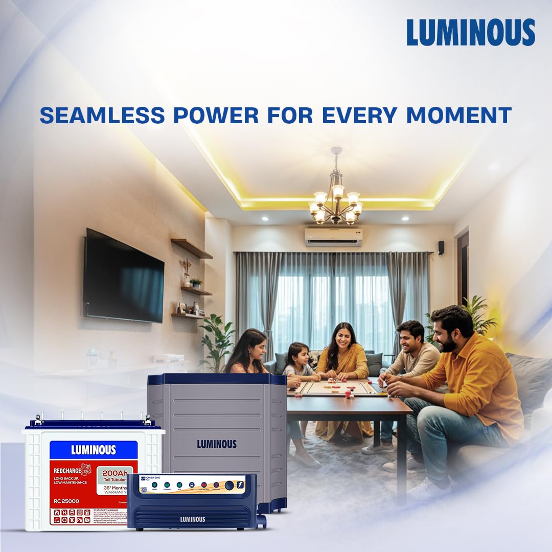 Luminous Inverter & Battery Combo with Trolley for Home, Shop & Office – Power sine 1100 (900VA/12V) Pure Sine Wave Inverter + RC25000 200Ah Tall Tubular Battery | 36M Warranty on Inverter & Battery