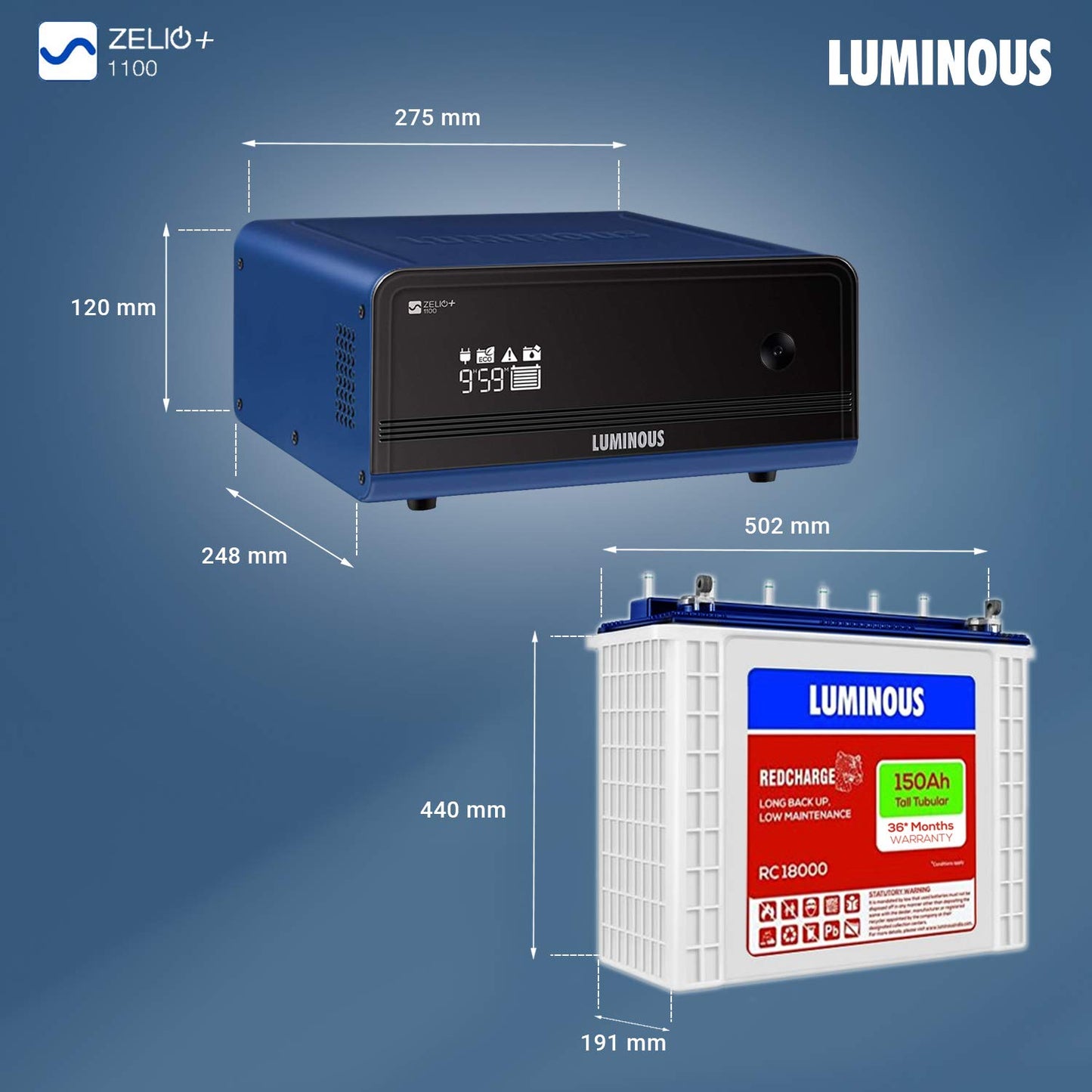 Luminous Inverter & Battery Combo for Home, Shop & Office – Zelio+ 1100 (900VA/12V) Pure Sine Wave Inverter + RC18000 150Ah Tall Tubular Battery | 36M Warranty on Inverter & Battery