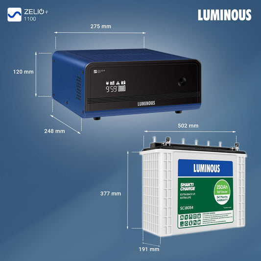 Luminous Zelio+ 1100 Pure Sine Wave 900VA/12V Inverter with Shakti Charge SC 18060 150 Ah Tall Tubular Battery for Home, Office & Shops
