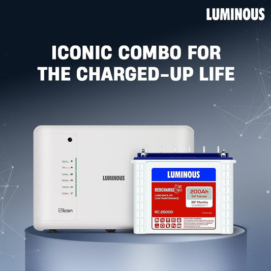 Luminous Inverter & Battery Combo for Home, Shop & Office – iCon 1100 (900VA/12V) Pure Sine Wave Inverter + RC25000 200Ah Tall Tubular Battery | 36M Warranty on Inverter & Battery