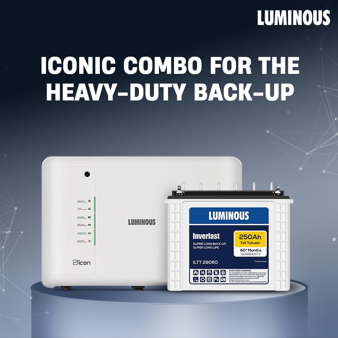 Luminous ICON 1600 Pure Sine Wave 1400 VA Inverter with ILTT28060 Tall Tubular 250Ah Battery Combo for Home, Shops & Office | Reliable Backup | 36 Months(Inverter) and 60 Months(Battery)