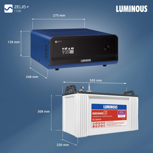 Luminous Zelio+ 1100 Pure Sine Wave Inverter with Red Charge 15000 PRO 120 Ah Recyclable Tubular Battery for Home, Office & Shops (Blue & White)