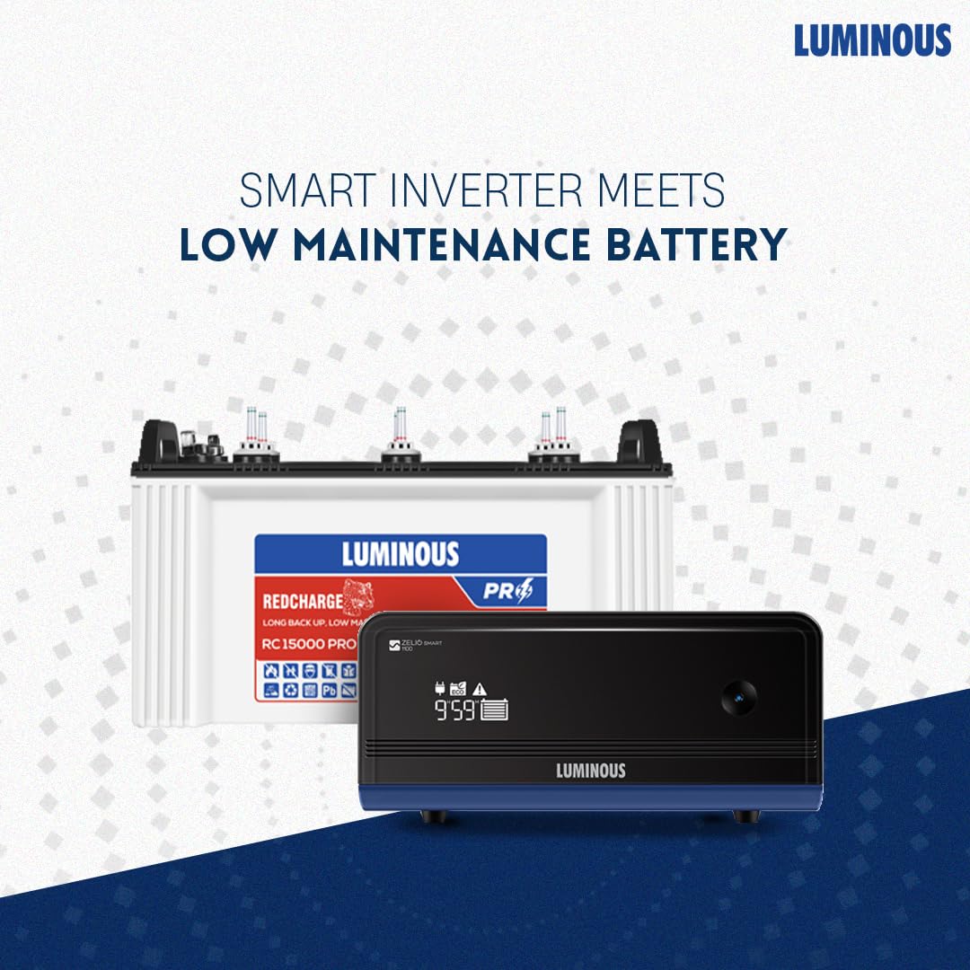 Luminous Zelio+ 1100 Pure Sine Wave Inverter with Red Charge 15000 PRO 120 Ah Recyclable Tubular Battery for Home, Office & Shops (Blue & White)