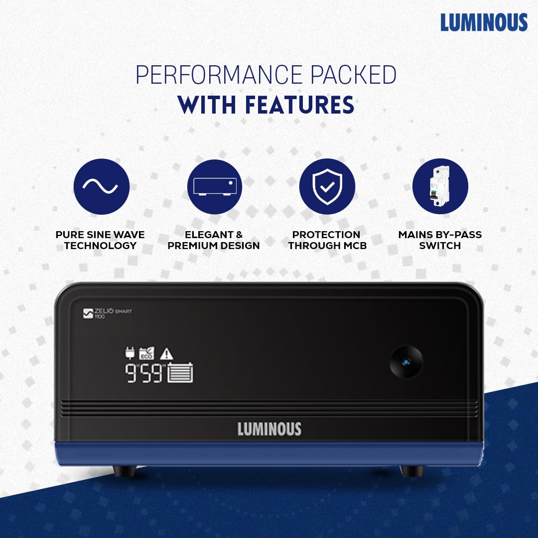 Luminous Zelio+ 1100 Pure Sine Wave Inverter with Red Charge 15000 PRO 120 Ah Recyclable Tubular Battery for Home, Office & Shops (Blue & White)