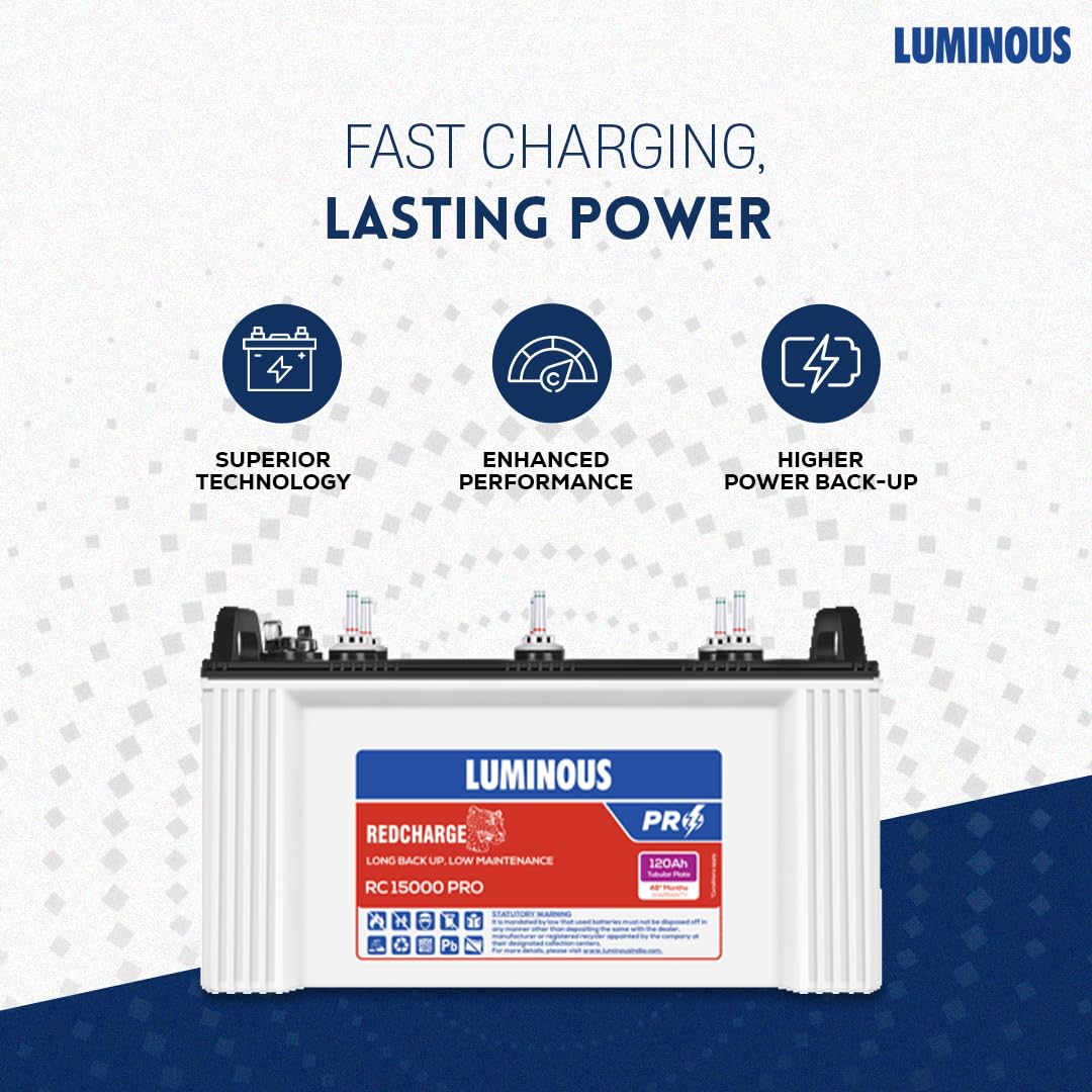 Luminous Zelio+ 1100 Pure Sine Wave Inverter with Red Charge 15000 PRO 120 Ah Recyclable Tubular Battery for Home, Office & Shops (Blue & White)