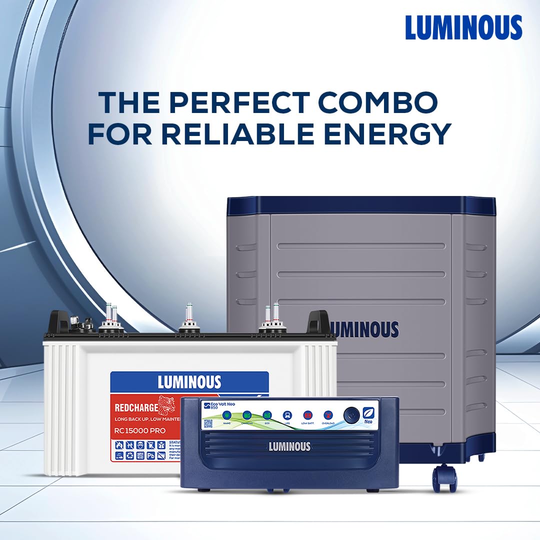 Luminous Inverter & Battery Combo for Home, Office & Shops (Eco Volt Neo 850 Pure Sine Wave Inverter, RC 15000 PRO 120 Ah Short Tubular Inverter Battery, Trolley)