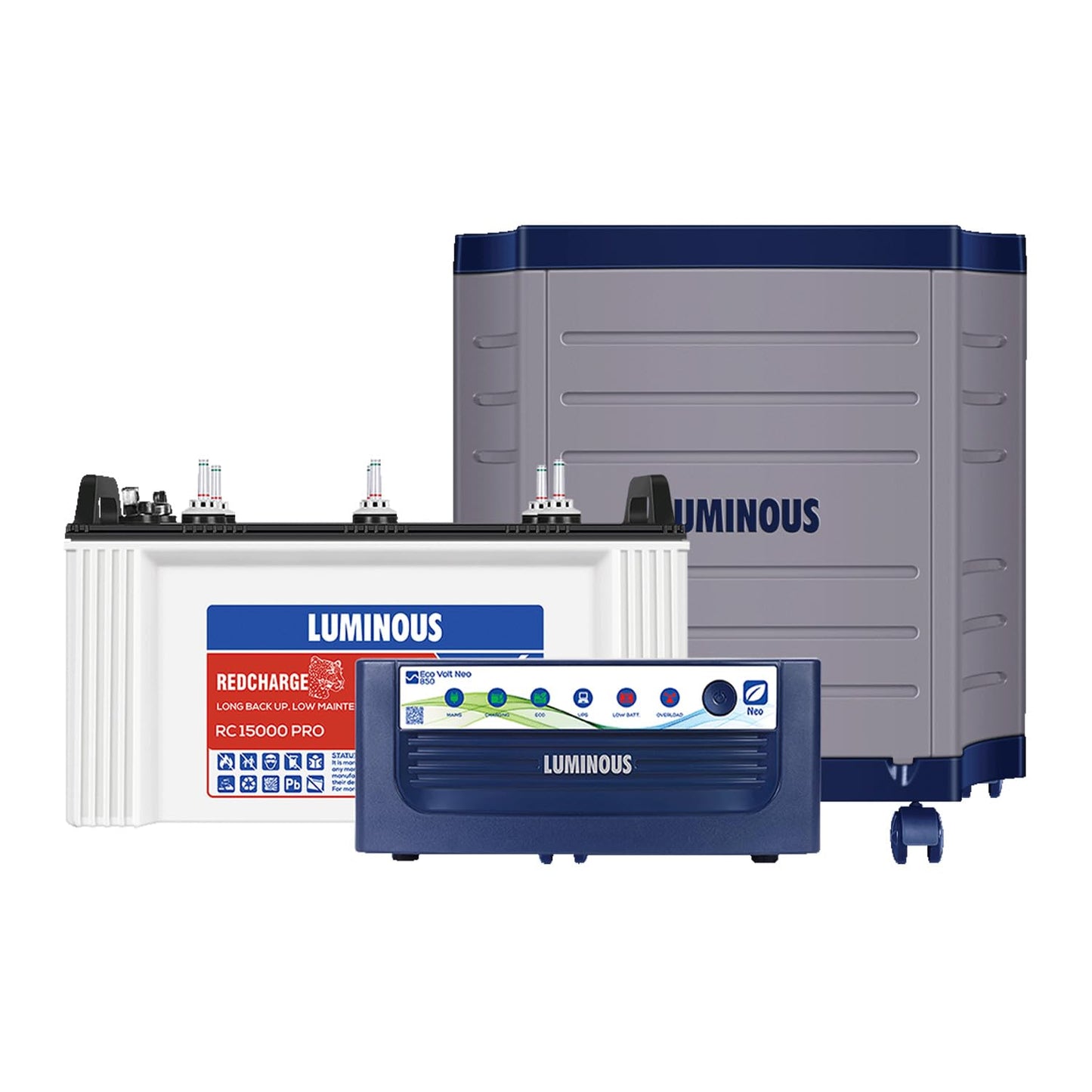 Luminous Inverter & Battery Combo for Home, Office & Shops (Eco Volt Neo 850 Pure Sine Wave Inverter, RC 15000 PRO 120 Ah Short Tubular Inverter Battery, Trolley)