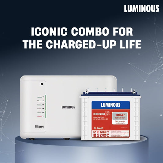 Luminous Inverter & Battery Combo for Home, Shop & Office – iCon 1100 (900VA/12V) Pure Sine Wave Inverter + RC24000 180Ah Tall Tubular Battery | 36M Warranty on Inverter & Battery