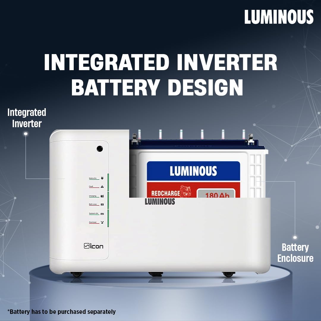 Luminous Inverter & Battery Combo for Home, Shop & Office – iCon 1100 (900VA/12V) Pure Sine Wave Inverter + RC24000 180Ah Tall Tubular Battery | 36M Warranty on Inverter & Battery