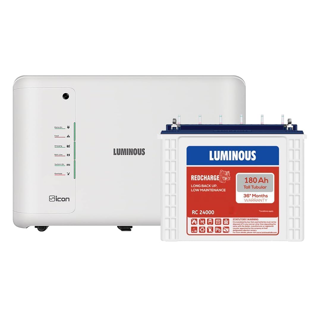 Luminous Inverter & Battery Combo for Home, Shop & Office – iCon 1100 (900VA/12V) Pure Sine Wave Inverter + RC24000 180Ah Tall Tubular Battery | 36M Warranty on Inverter & Battery