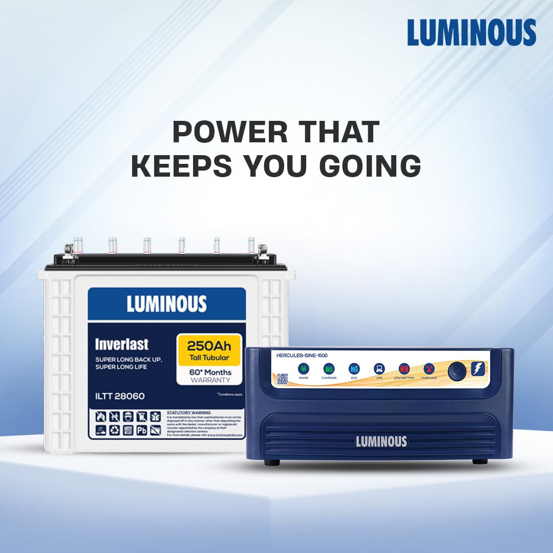 Luminous Inverter & Battery Combo (Hercules 1500 Pure Sine Wave 1400VA/12V Inverter with ILTT28060 Tall Tubular 250Ah Battery) for Home, Office & Shops